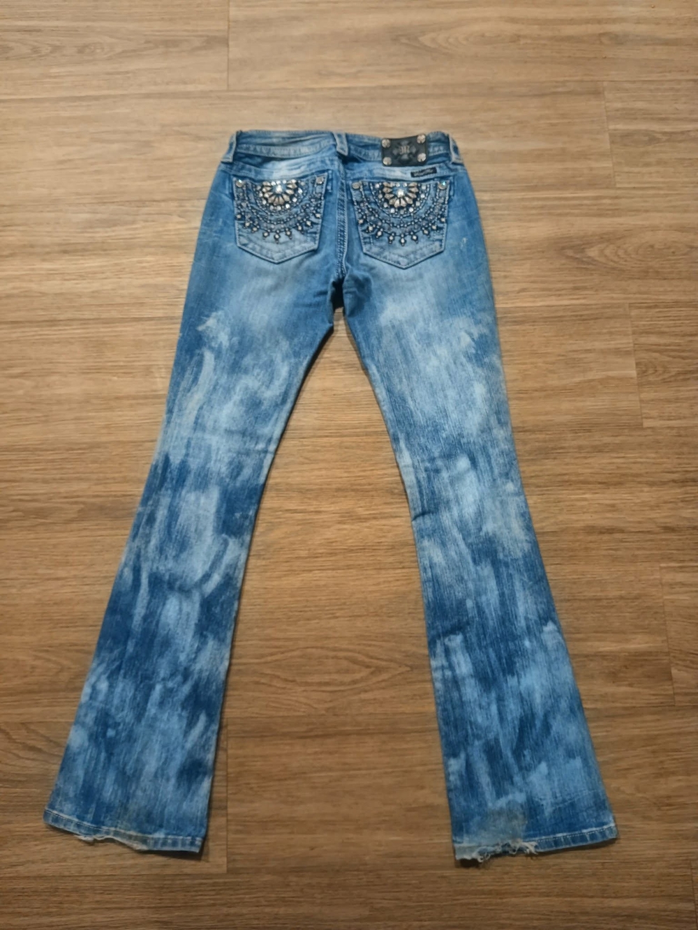 Blue Embellished Back-Pocket Flare Jeans - Women's